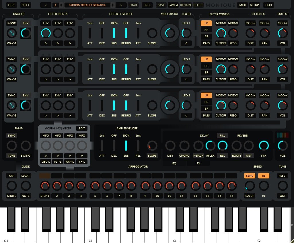 Monique Mono-Synth by Surge Synth Team: plugin interface screenshot
