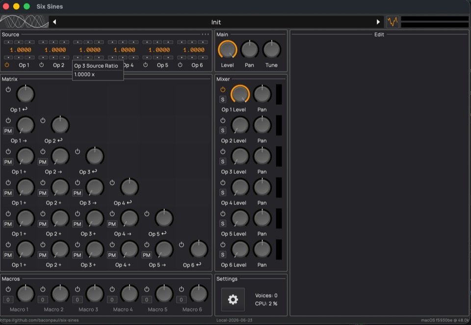 Six Sines by BaconPaul: plugin interface screenshot