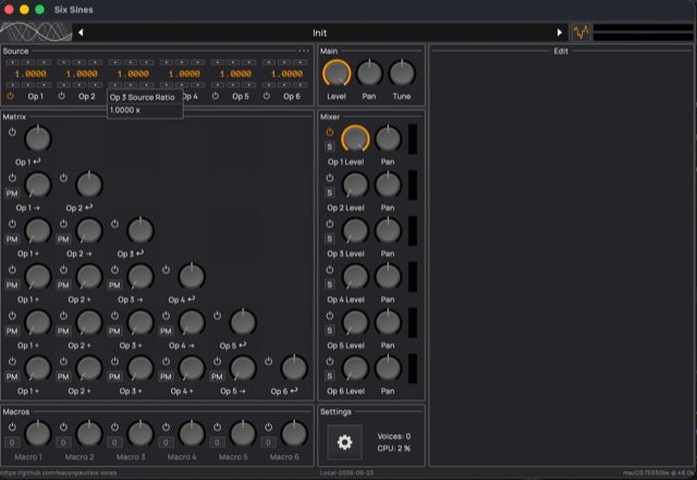 Six Sines by BaconPaul: plugin interface screenshot