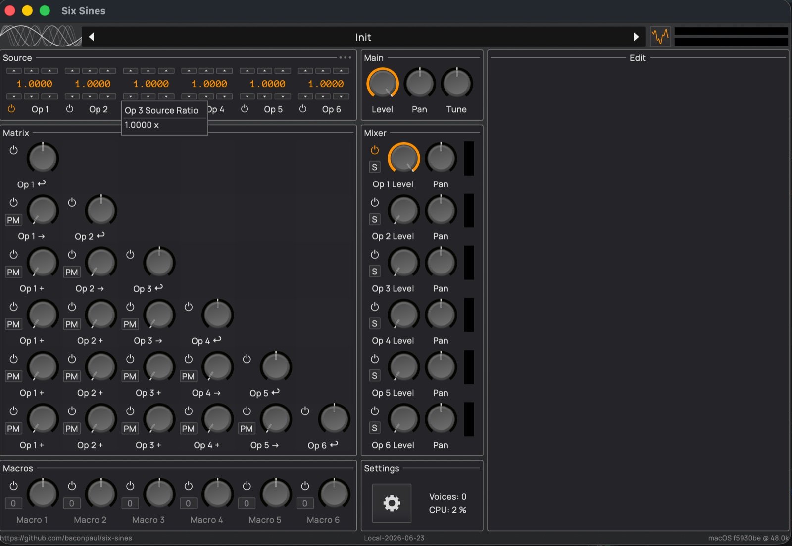 Six Sines by BaconPaul: plugin interface screenshot