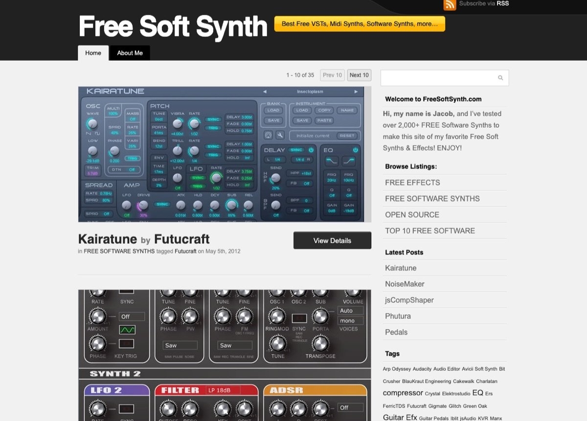 Free Soft Synth home page in May 2012, with the Kairatune listing